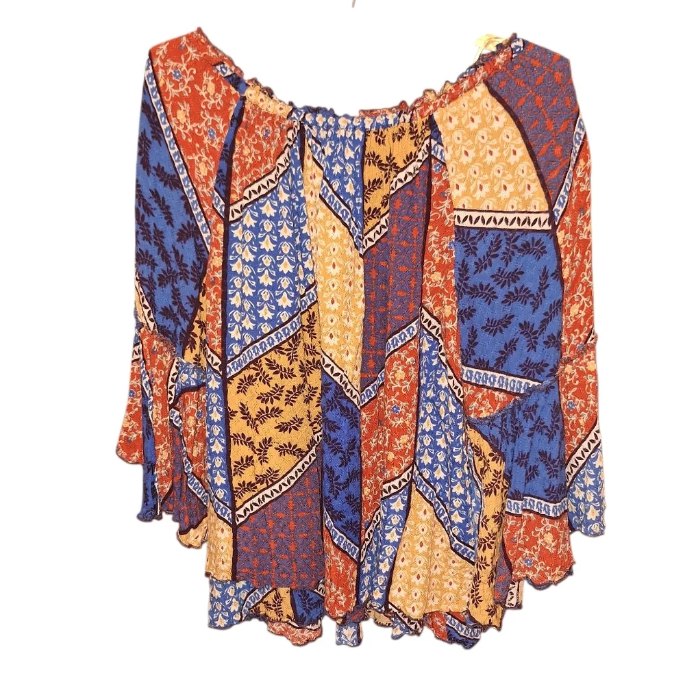 Democracy Multicolor Patchwork Oversized Pullover Bell Sleeved Blouse Bohemian